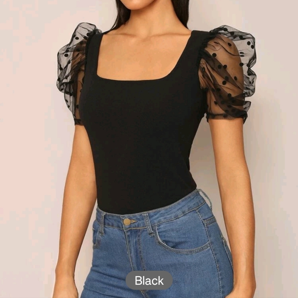 Square Neck Sheer Dobby Mesh Puff Sleeve Top